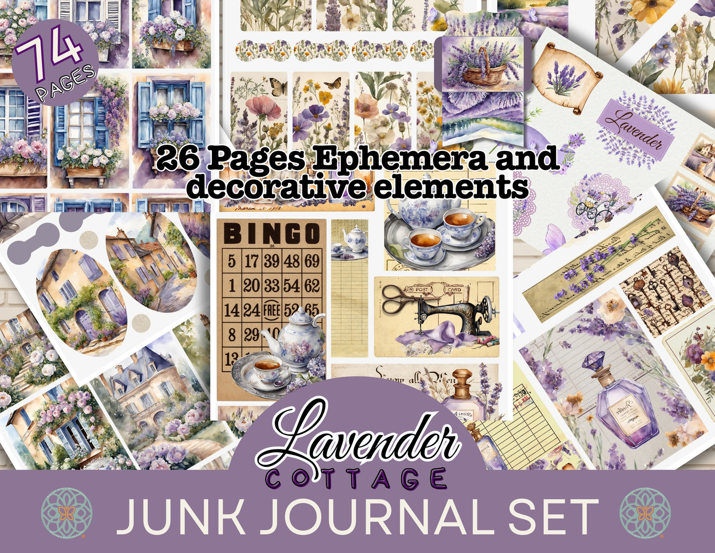 Lavender Cottage Digital Junk Journal Set - 74 Printable Pages of French Country Charm